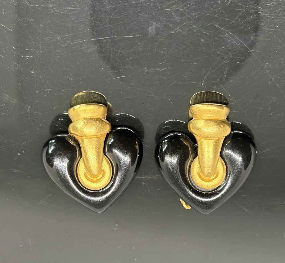 Vtg GIVENCHY CLIP ON EARRINGS BLACK HEART Lucite & BRUSHED GOLD perfume shape
